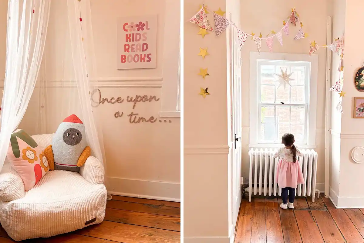 reading nook and interior of the littlest bookshop