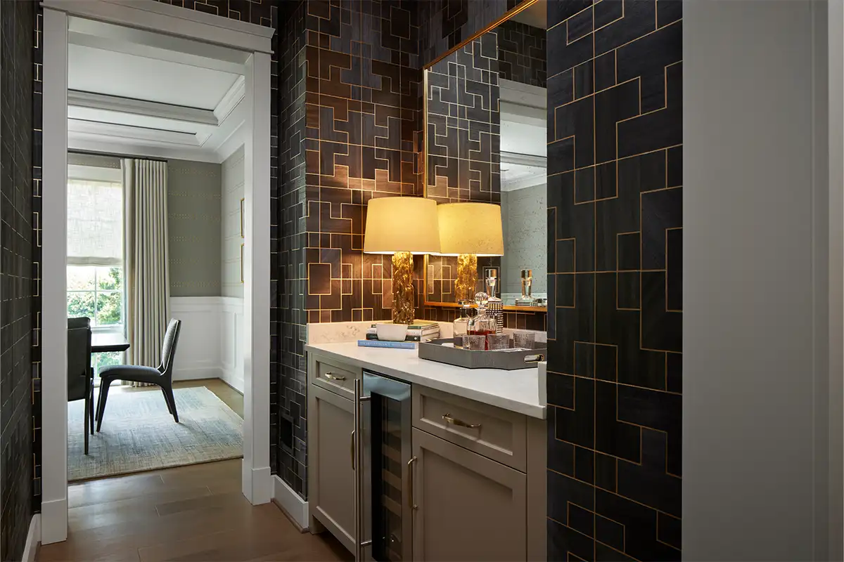 Geometric black accent wallpaper in butler's pantry