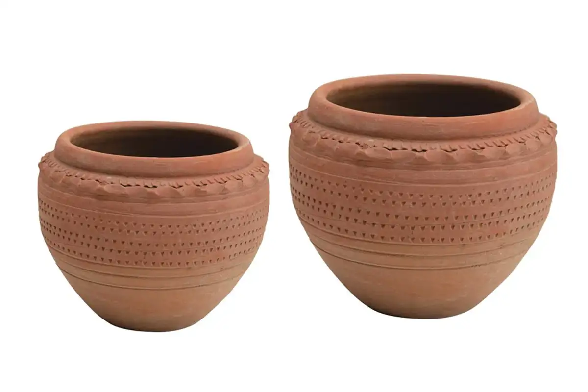 Two embossed clay planters
