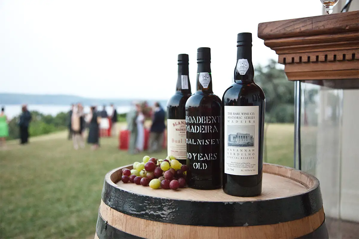 Three bottles of wine on a barrel at Mount Vernon Spring Wine Festival