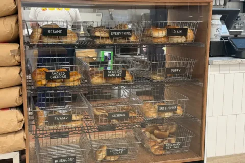 a rack of bagels at Bagel Street Cafe in Vienna