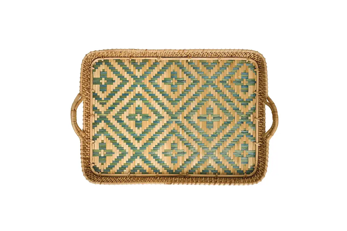 green woven wicker tray