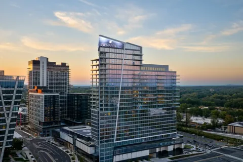 exterior sunset view of the JW Marriott Reston Station