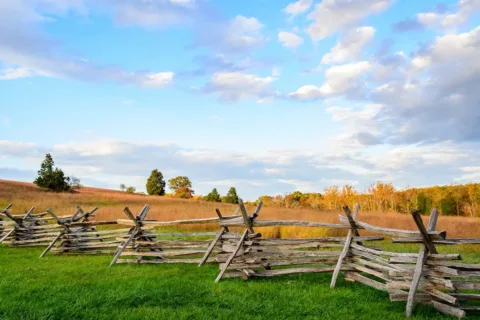 the land with civil war fencing along the Manassas National Battlefield Park