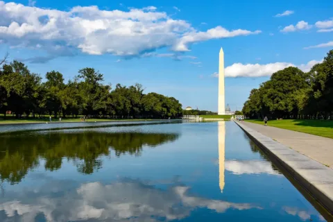 Washington monument reflected in reflecting pool