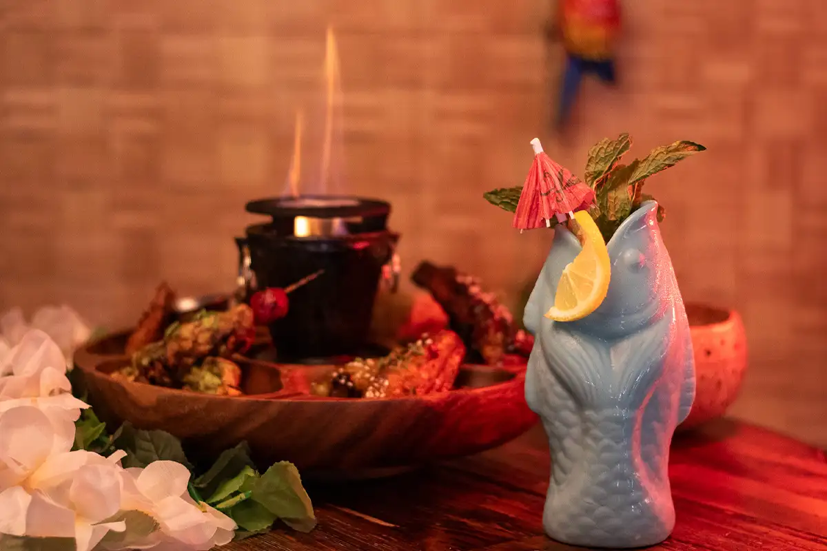 Cocktail and food at Hi-Tide Tiki Pop-Up Bar