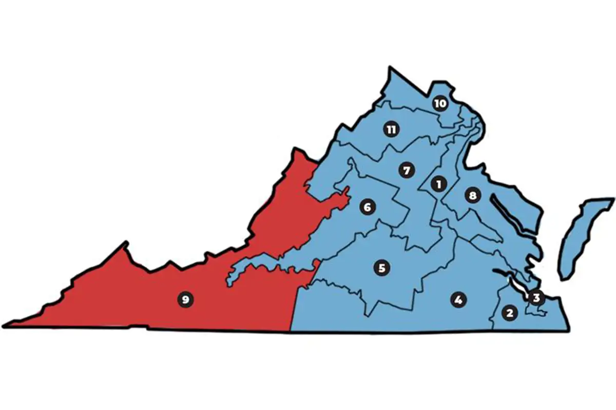 Virginia redistricting map showing Republication-leaning district in red and Democratic-leaning districts in blue. (Illustration by Mike Ramm)