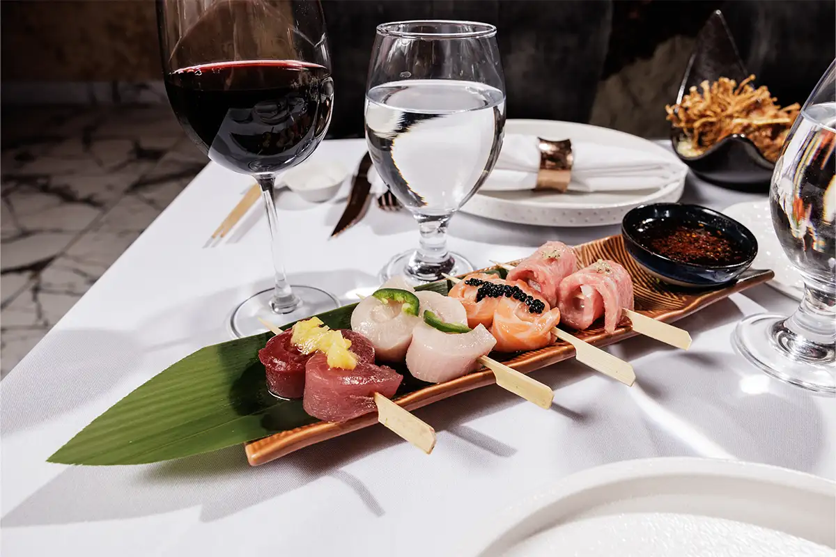 Plated sashimi skewers from Churasuko