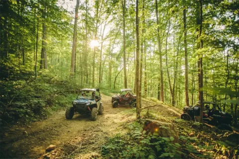 People in off-highway vehicles driving in the woods at Spearhead Trails VA