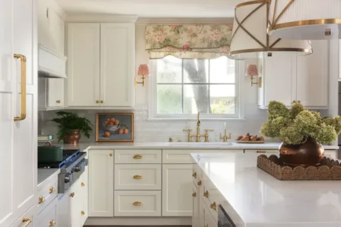 Bright and floral kitchen interior of Merchant family home in Alexandria