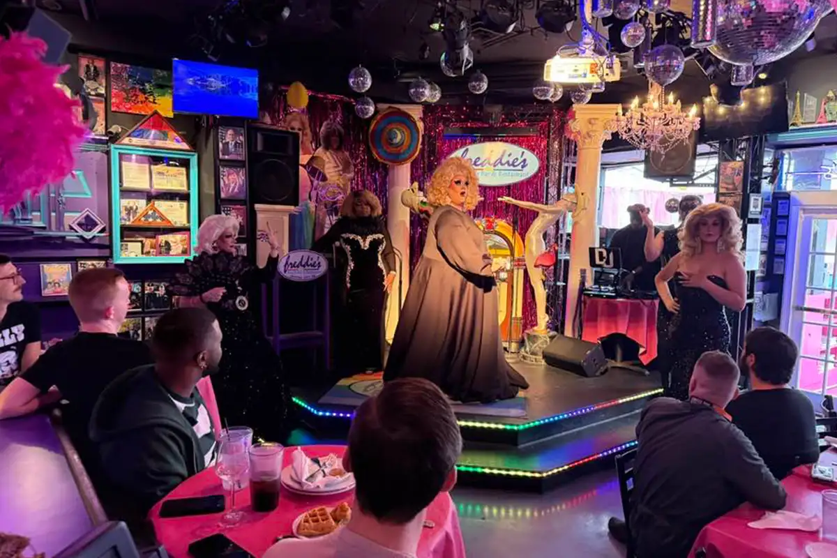 Drag performers performing at Freddie's Beach Bar