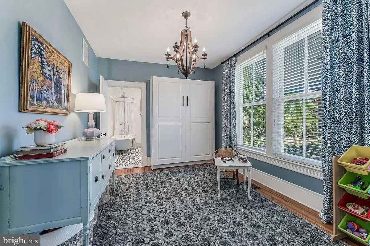 blue room with murphy bed and bathroom