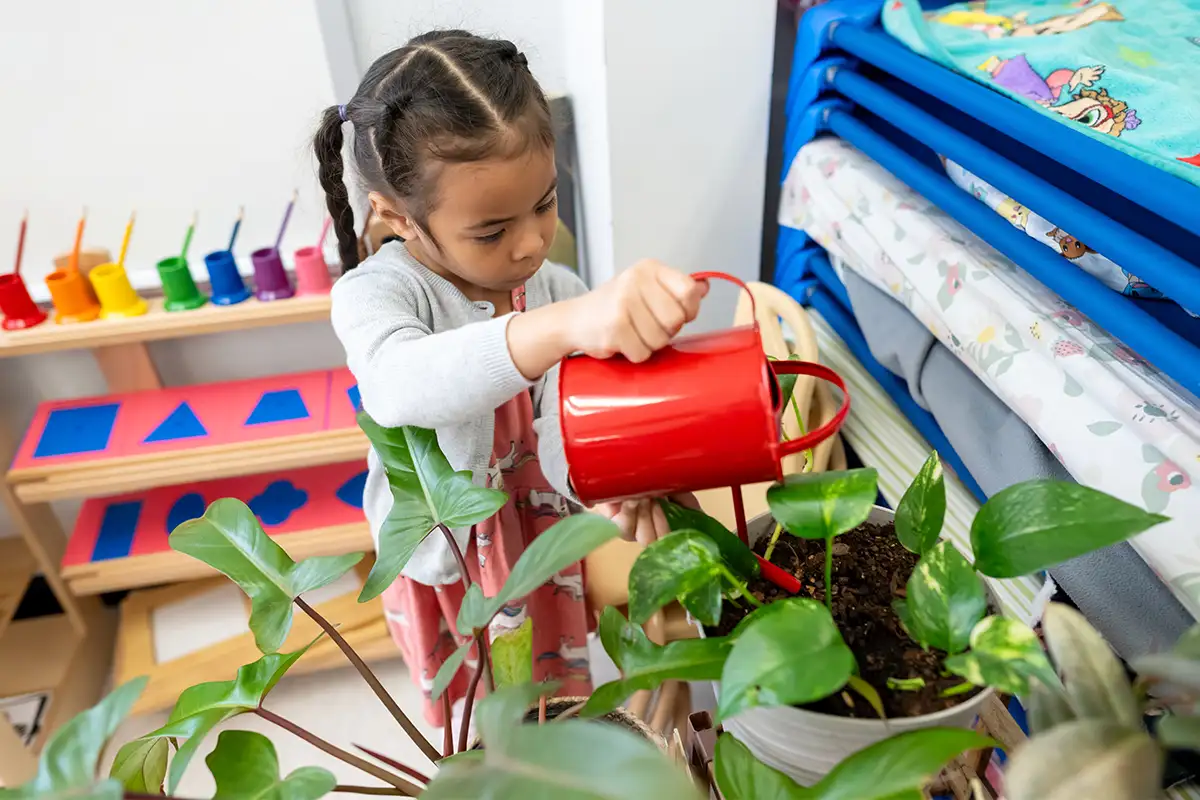 a young girl waters a plant in a school classroom
