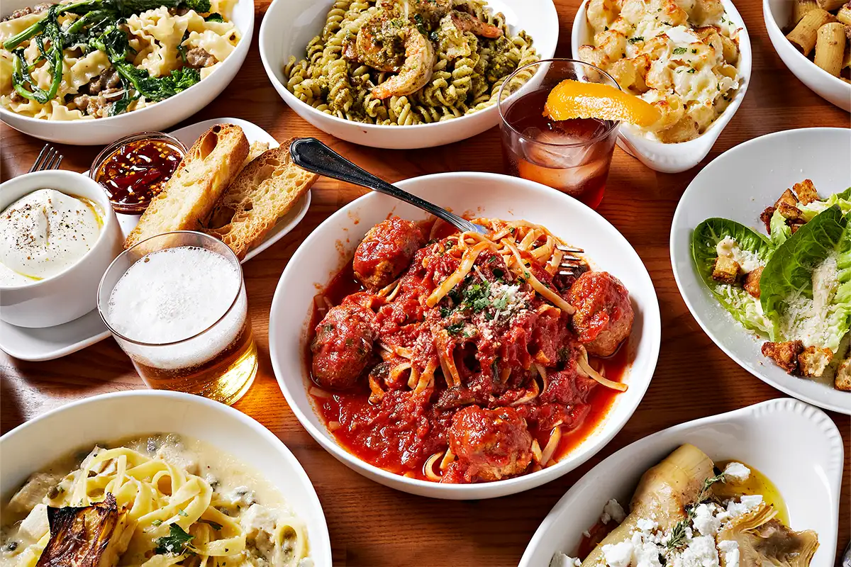 multiple dishes on a table at Hank's Pasta Bar in Old Town Alexandria