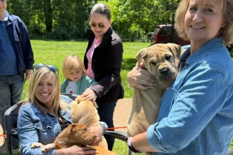 people hold dogs at Park and Bark at Ellanor C. Lawrence Park in Chantilly