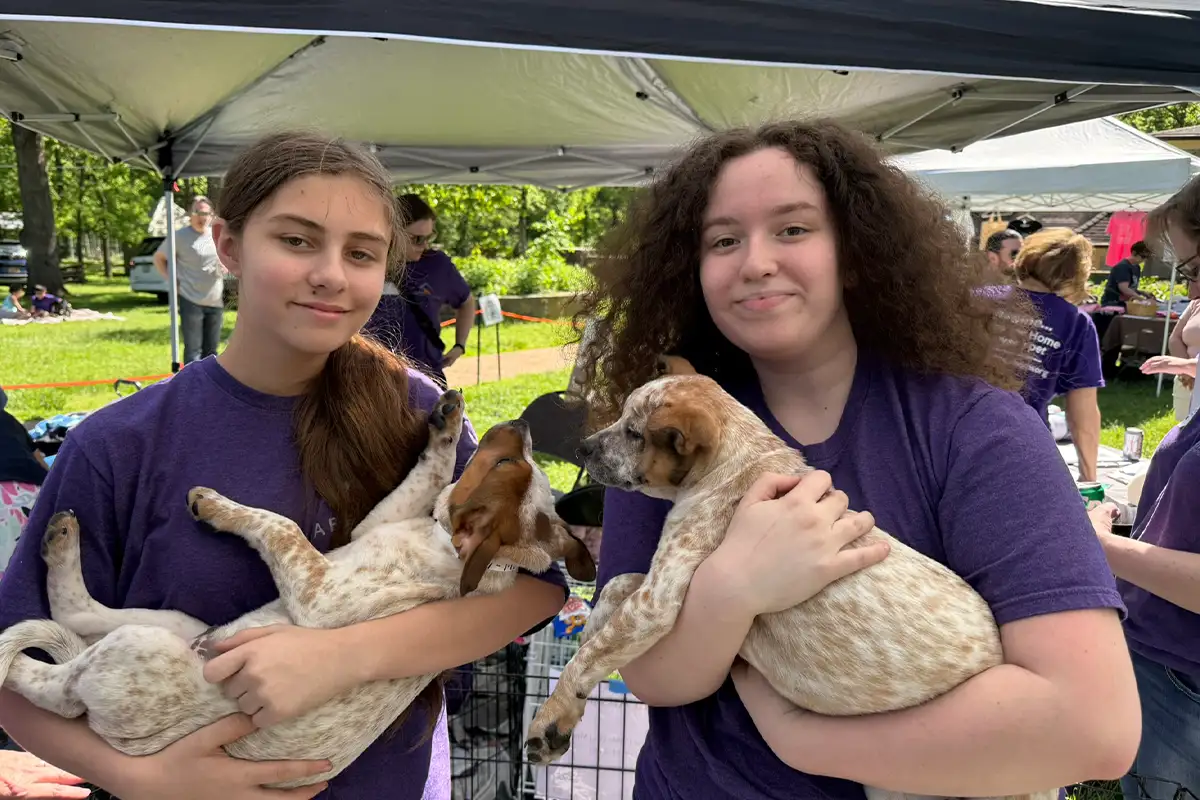 two girls in purple shirts hold dogs at an outdoor park festival