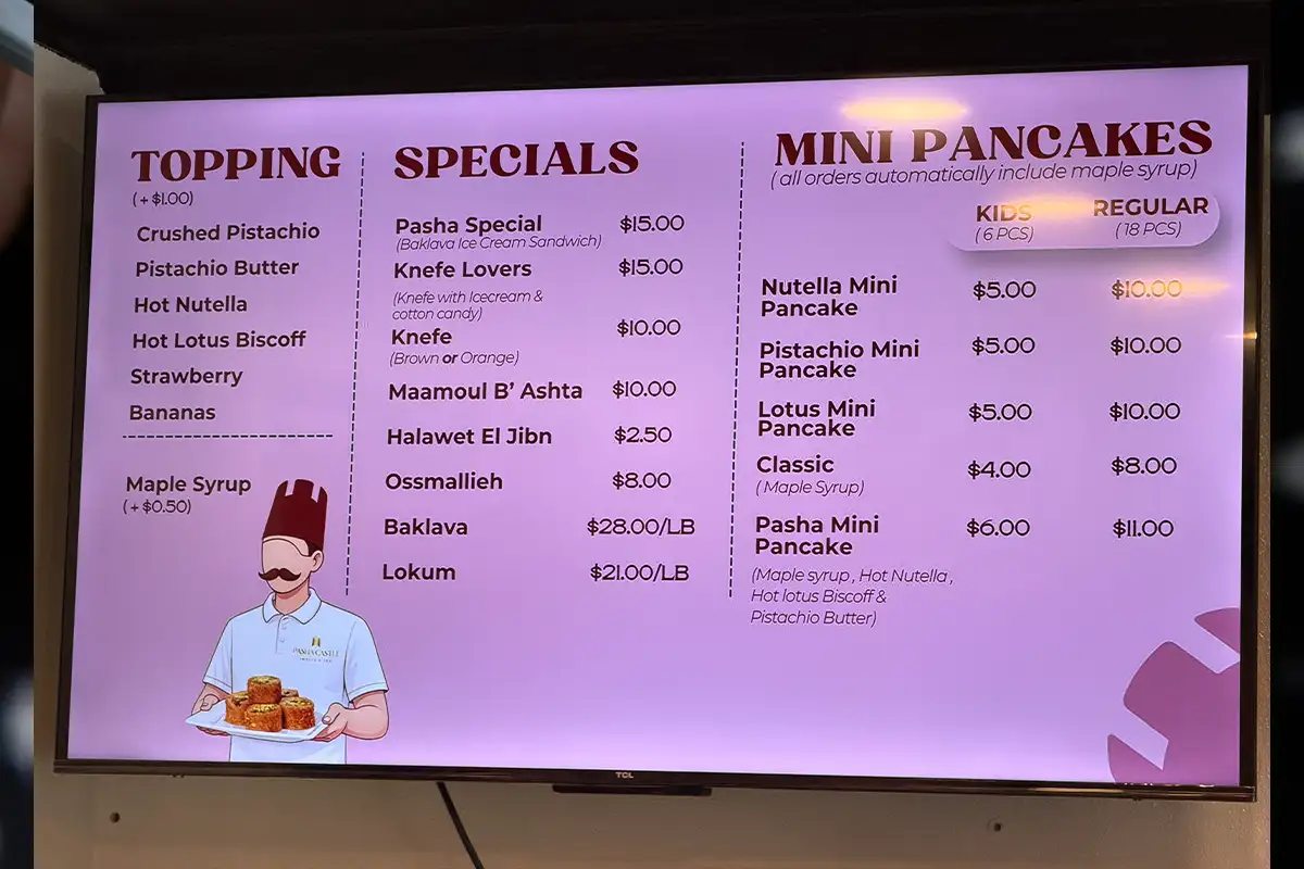 the menu board at Pasha Castle in Annandale