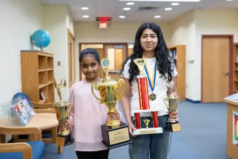 FCPS students Laasya Mohan. left, and Aadhya Vijayakumar will compete at the 2026 Scripps National Spelling Bee