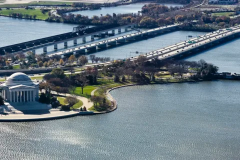 an aerial view of DC's Jefferson Memorial and West Potomac Park
