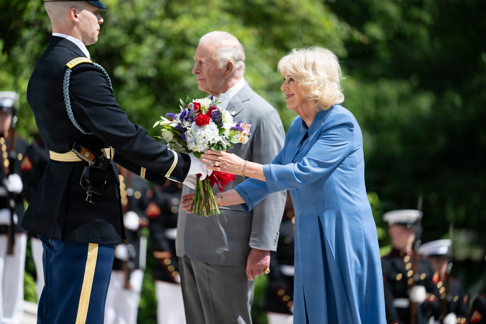 King Charles III and Queen Camilla participate in a wreath-laying ceremony at the Tomb of the Unknown Soldier at Arlington National Cemetery, Arlington, Virginia, Thursday, April 30, 2026. (U.S. Army photo by Elizabeth Fraser / Arlington National Cemetery / released)