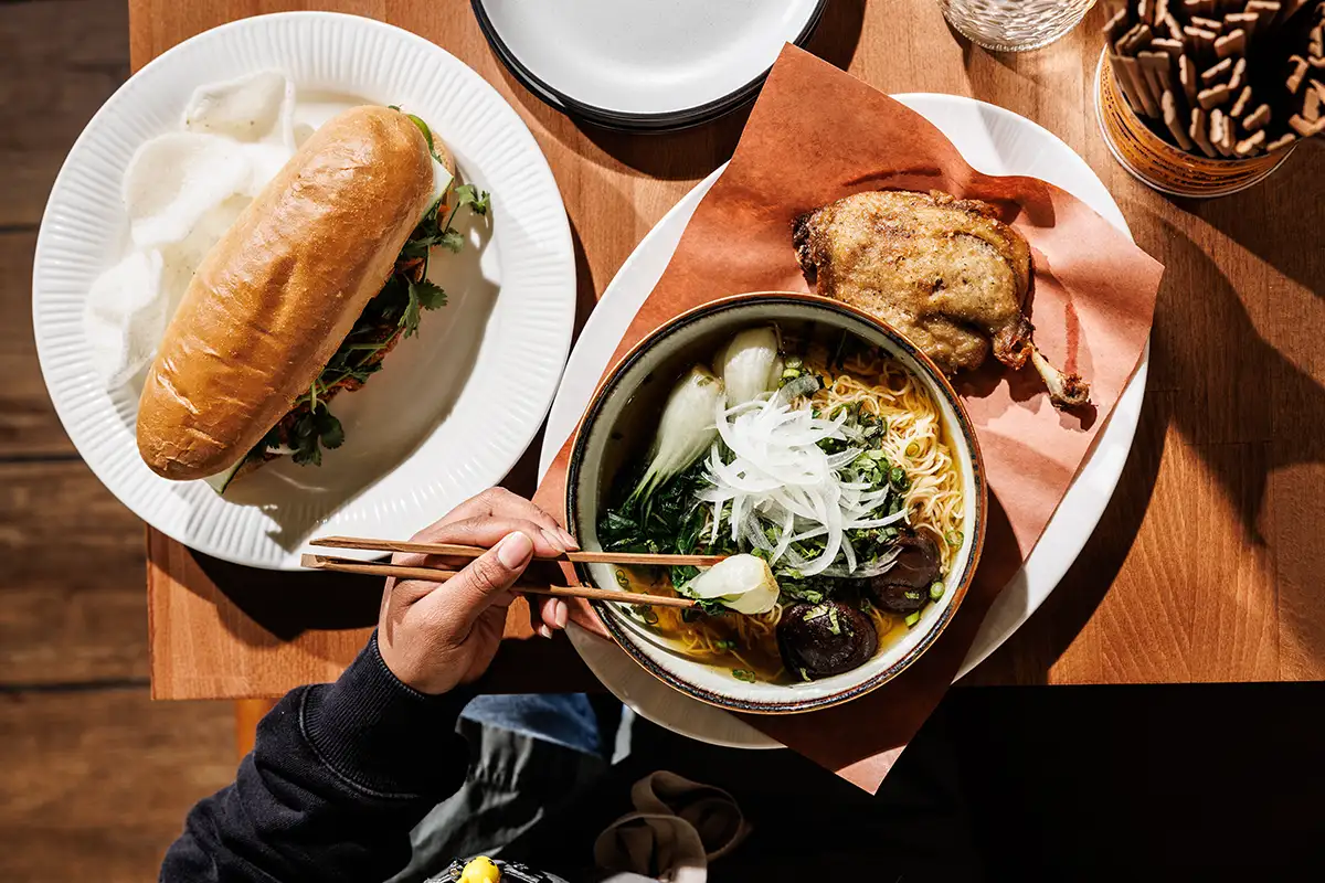 Birds eye view of dishes served at Chao Ban