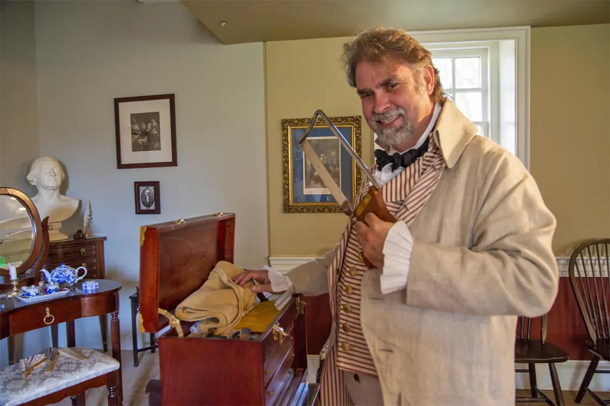 Historical reenactor Tom Plott dressed as Dr. James Craik, Washington's Scotland-born friend and physician