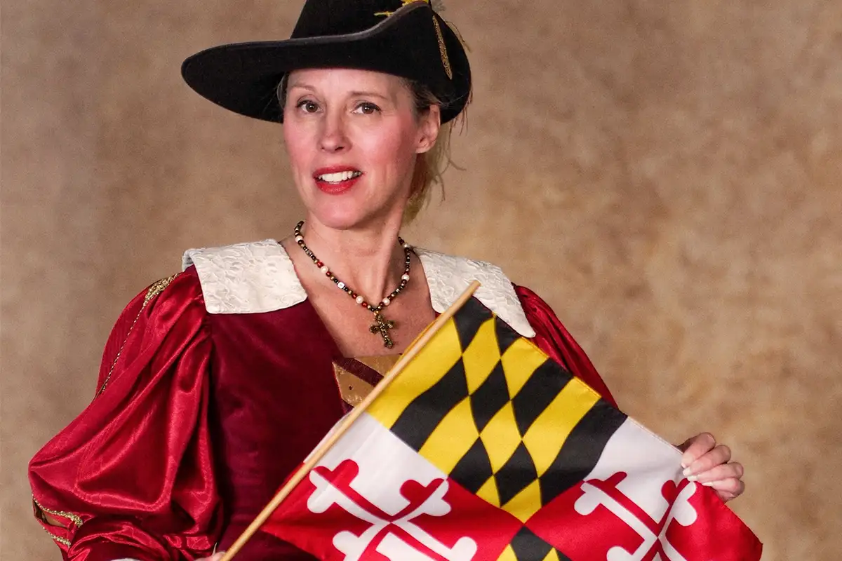 Historical reenactor Mary Ann Jung dressed as Margaret Brent