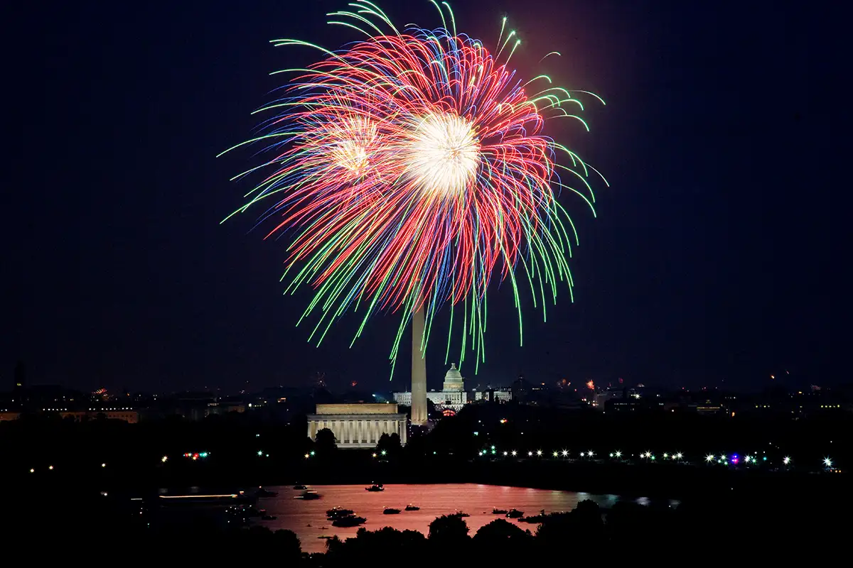 Fireworks exploding over the Potomac river with Kennedy Center, Monument, and Capital in the background