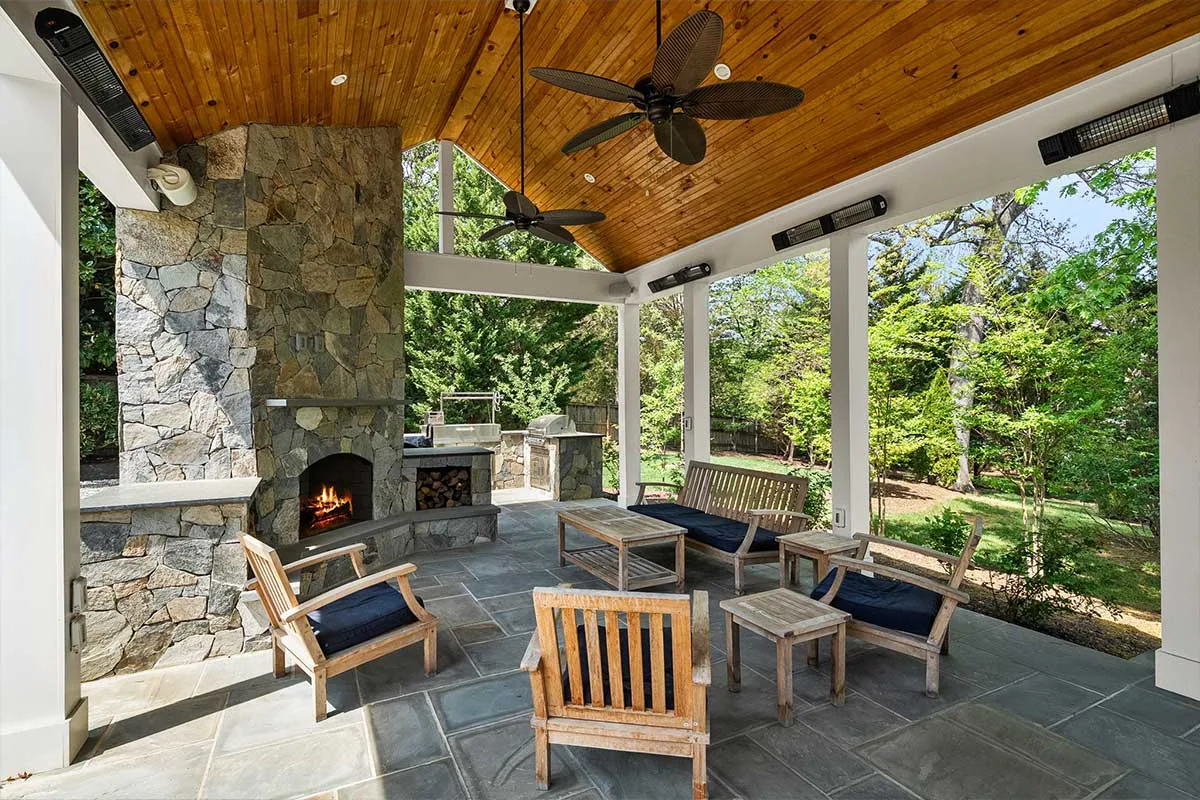 outdoor pavilion with fireplace