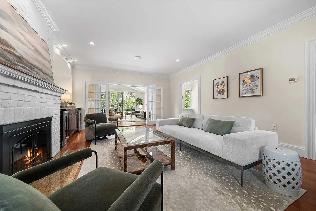 family room with brick fireplace
