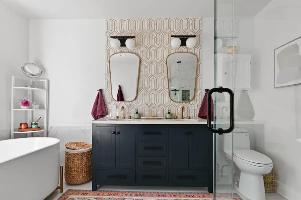 Ensuite bathroom with double vanity, standing glass shower, and separate bathtub of 3204 Mountain Rd