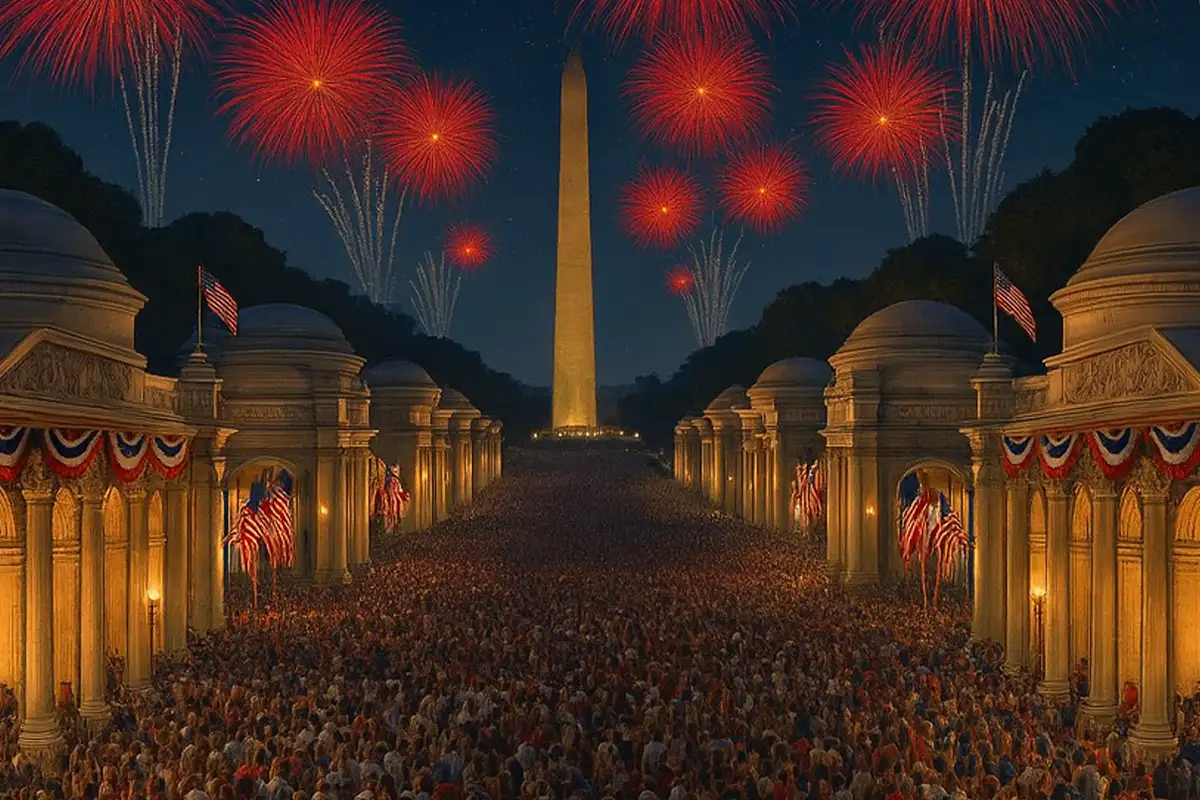 A rendering of people attending the Great American State Fair with the Washington Monument in the background