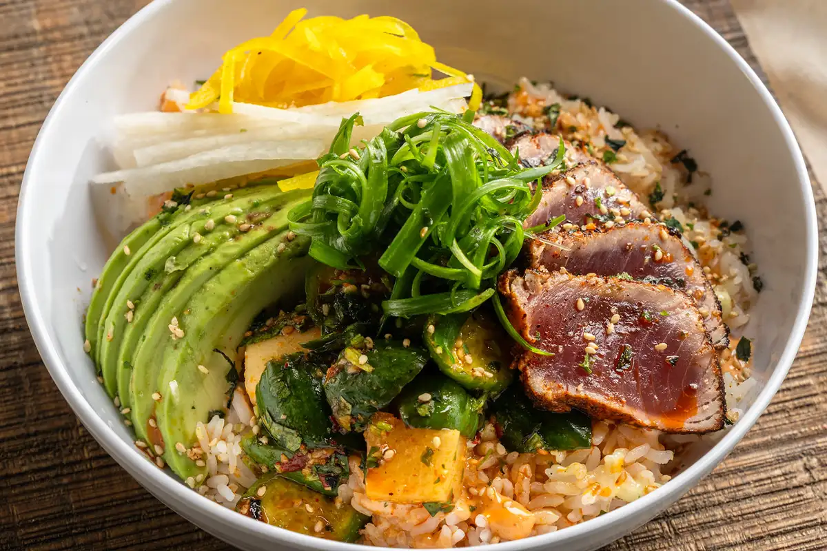a tuna rice bowl at Little Birdie in Alexandria