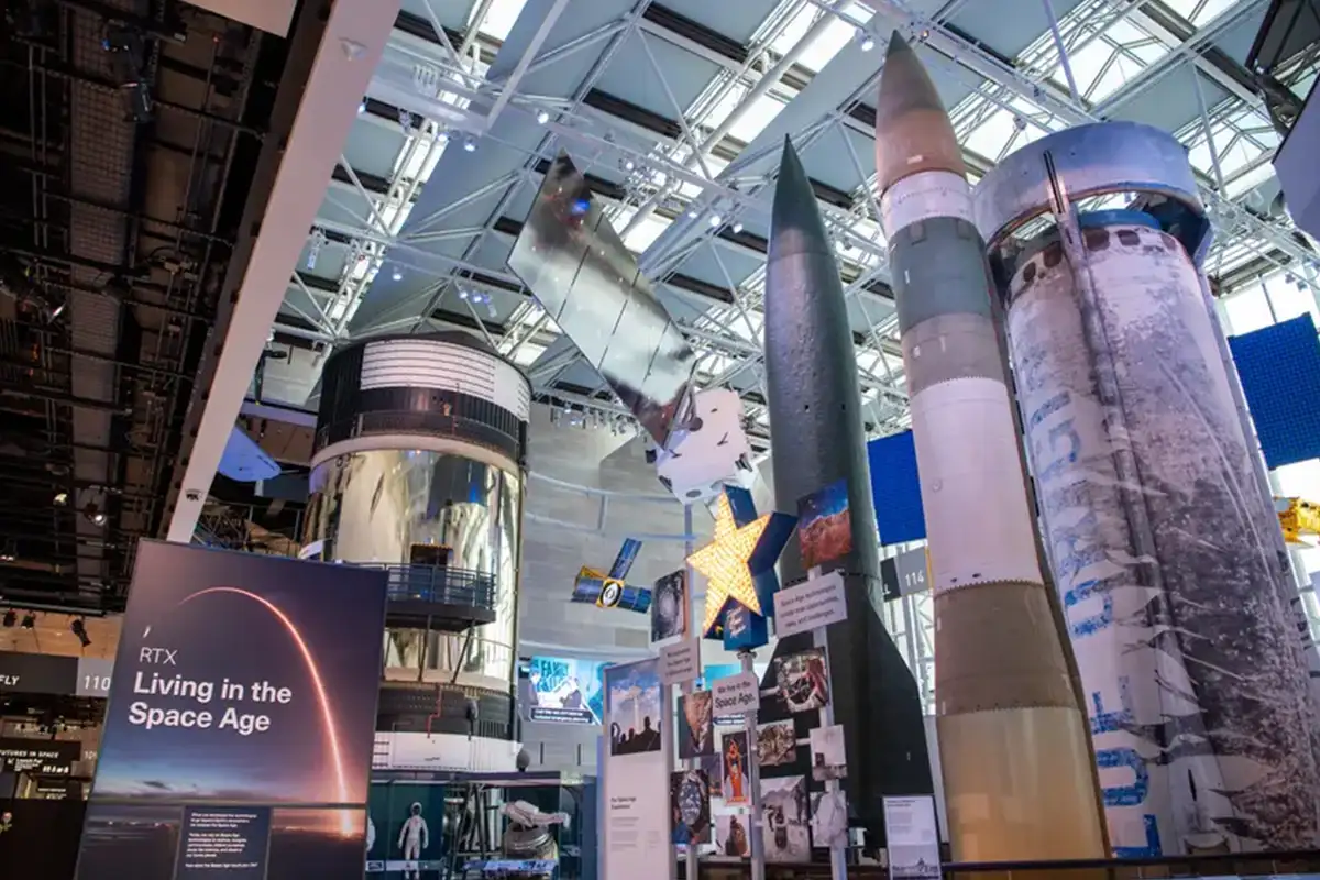 Large rockets and shuttles at new RTX Living in the Space Age exhibit at Smithsonian Air and Space Museum