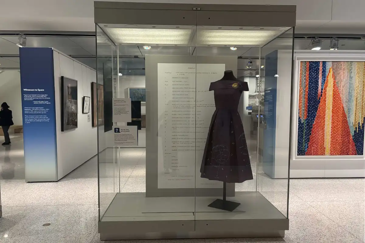 Dress and paintings on display at new The Ascent of Rauschenberg Reinventing the Art of Flight exhibit at Smithsonian Air and Space Museum