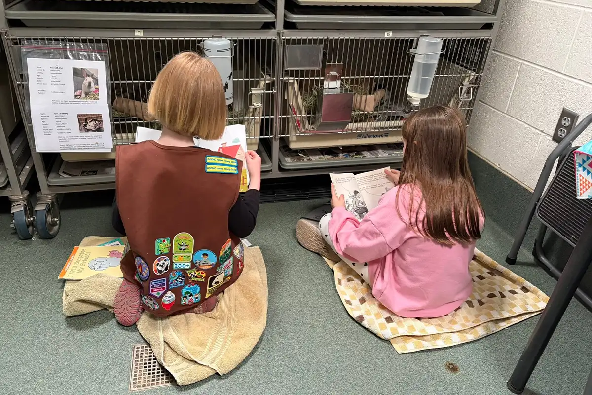 two young girls read to cats at a Fairfax County animal shelter