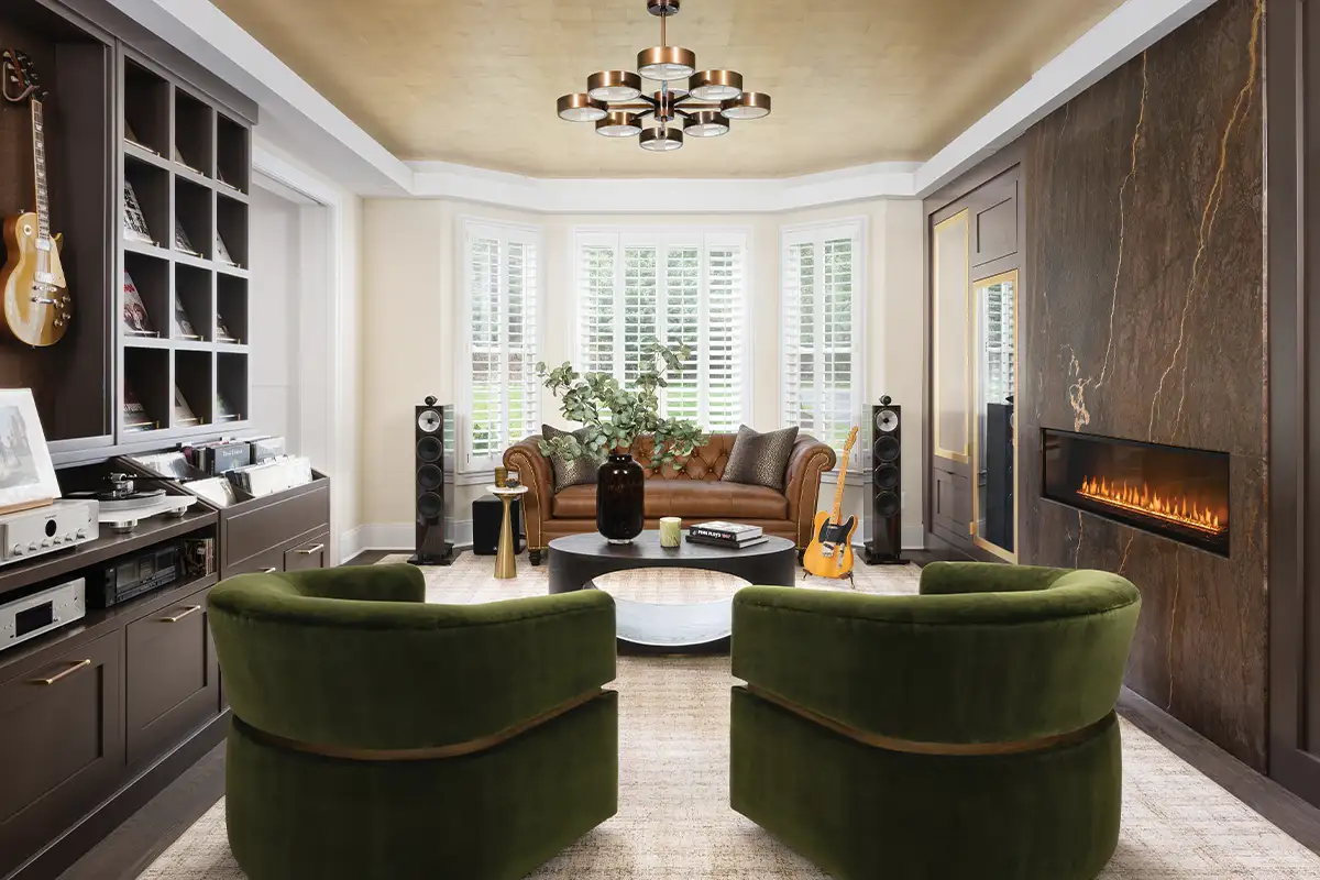Music room with high ceiling and bay windows