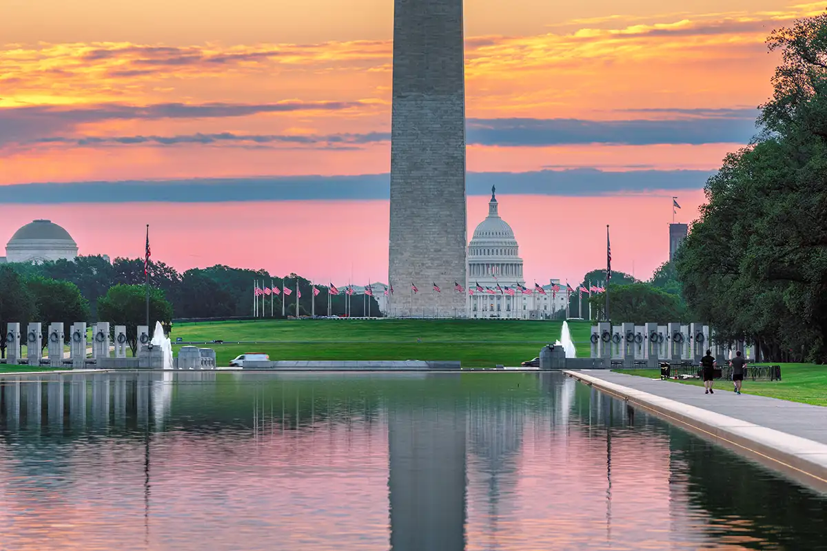 Washington Monument and US Capitol Building at sunrise in Washington, DC