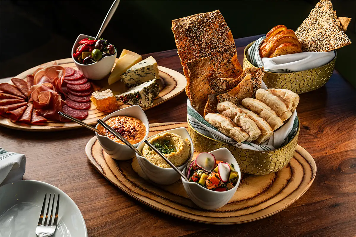 charcuterie board and breads at Cafe Monet