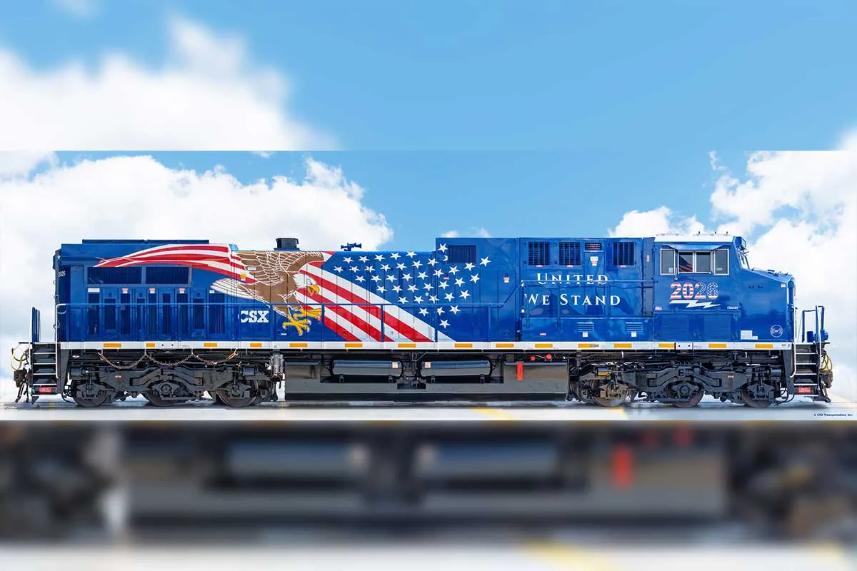 blue train with bald eagle and american flag