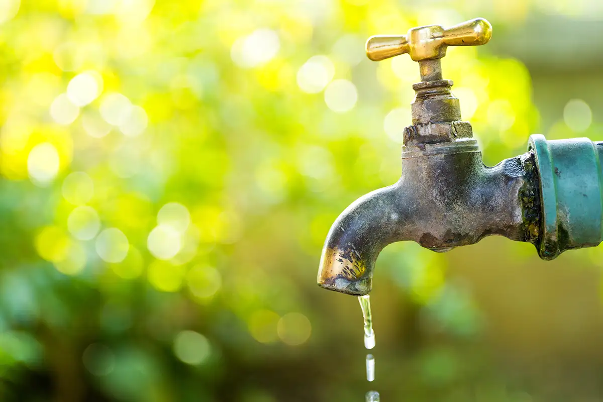 an outdoor water spigot drips water