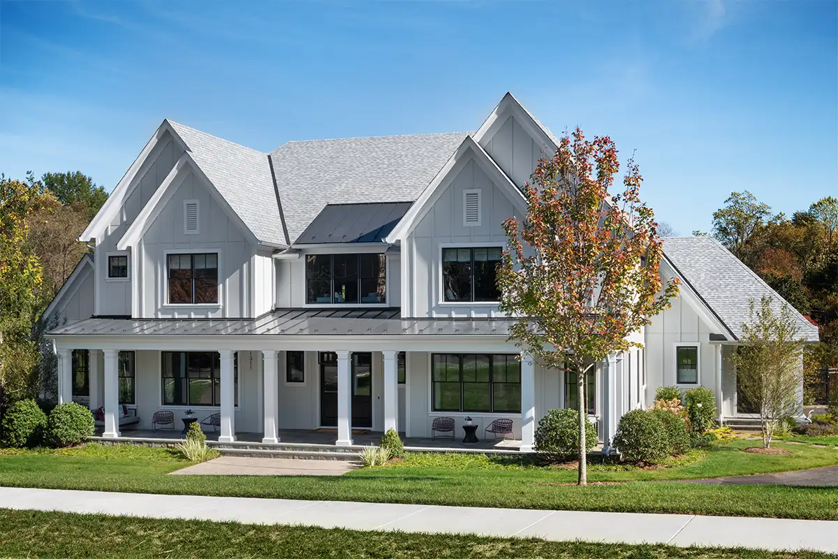 Exterior of white modern farmhouse in McLean