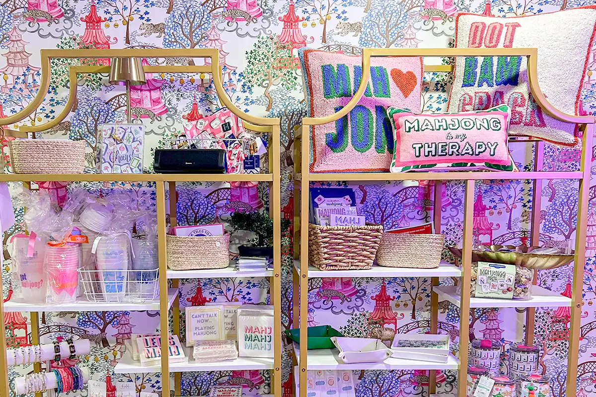 Shelves filled with mahjong decor and accessories