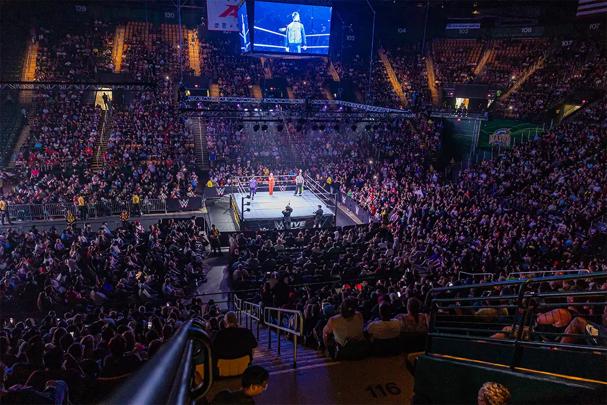Aerial shot of WWE match at EagleBank Arena