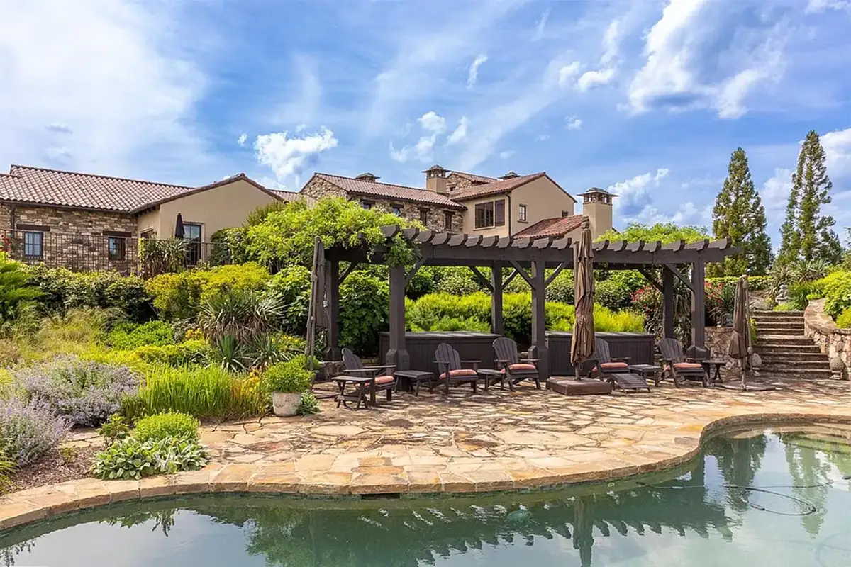 Backyard with heated, in-ground pool, outdoor lounge, fire pits, and patio of 2525 Gibson Ct