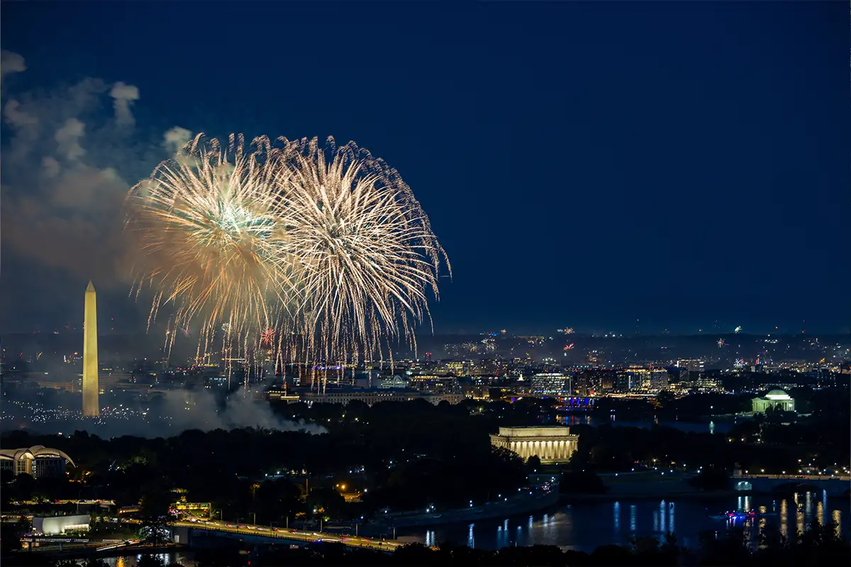 DC fireworks with the Washington Monument and Lincoln Memorial lit up