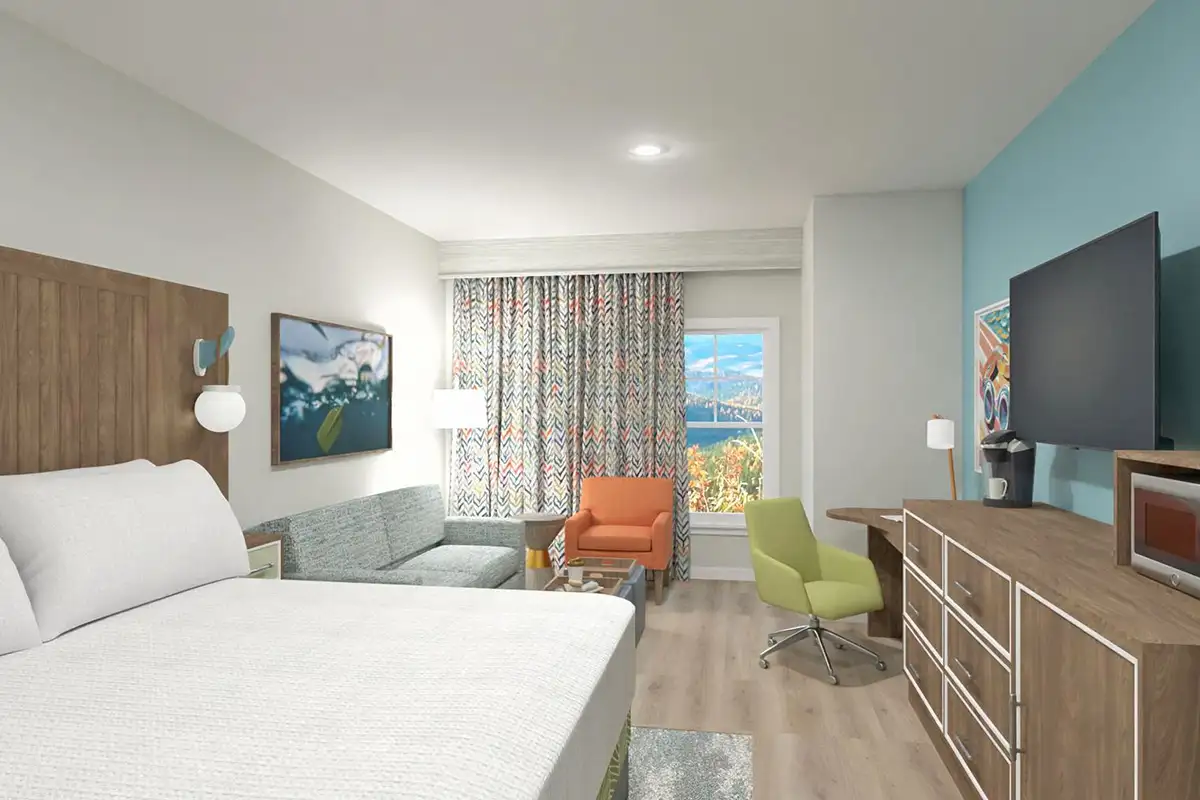 Rendering of king guest room at Massanutten Resort's ShenandoaH2O