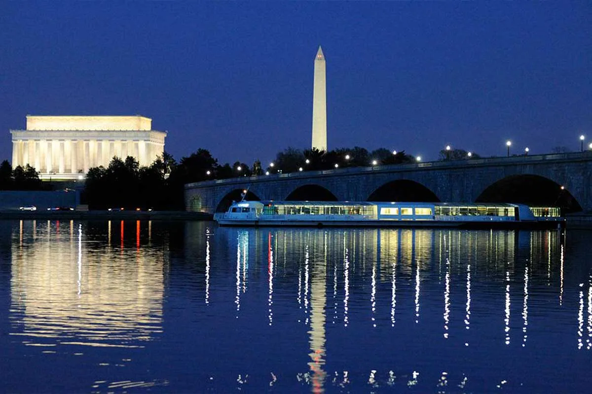 boat on the potomac river with monuments in the background