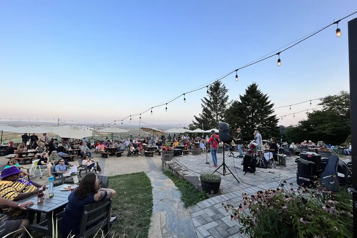 People watching musicians play outside