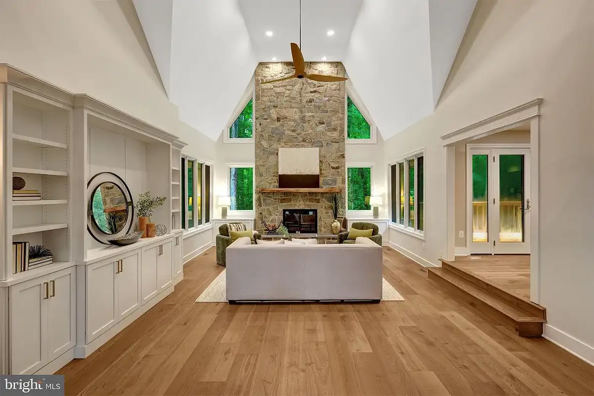Great room with tall fireplace
